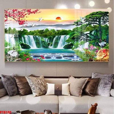 File gốc Tranh sơn thủy thác nước PT6102 (in lụa) trang trí tường