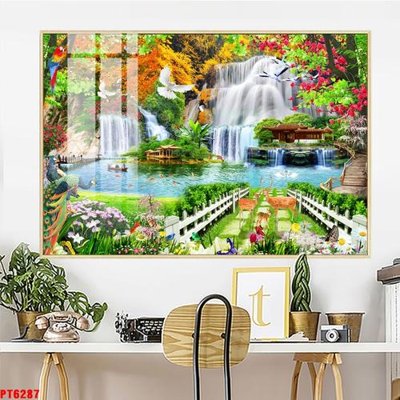 Ảnh gốc Tranh sơn thủy thác nước PT6287 (nét căng) in mica