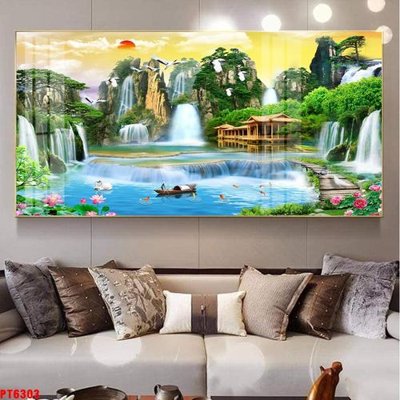 File gốc Tranh sơn thủy thác nước PT6303 (in tráng gương) ốp tường