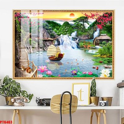 Download file Tranh sơn thủy thác nước PT6463 (gốc) in mica đèn LED