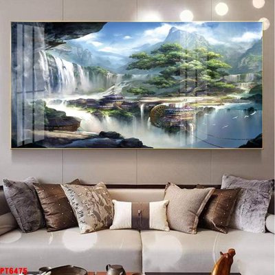 File tranh gốc Tranh sơn thủy thác nước PT6475 chủ đề hiện đại