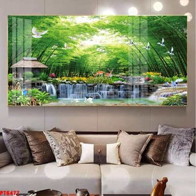File gốc Tranh sơn thủy thác nước PT6477 (in lụa) cao cấp