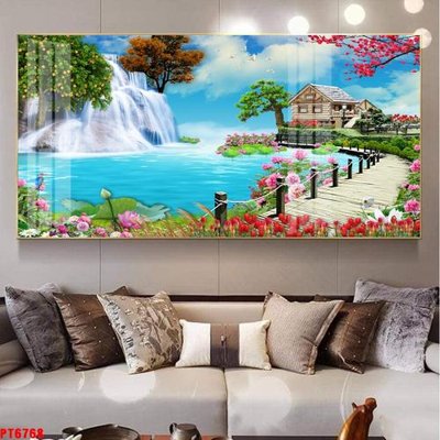 File gốc Tranh sơn thủy thác nước PT6768 (in tráng gương) hiện đại