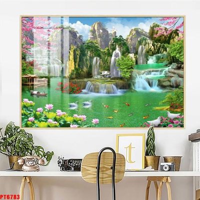 Tải file gốc in lụa Tranh sơn thủy thác nước PT6783 siêu nét