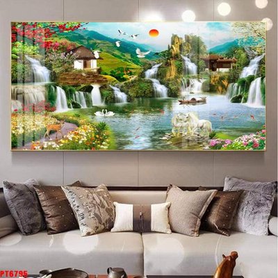 File tranh Tranh sơn thủy thác nước PT6795 (file gốc) chủ đề phong thủy