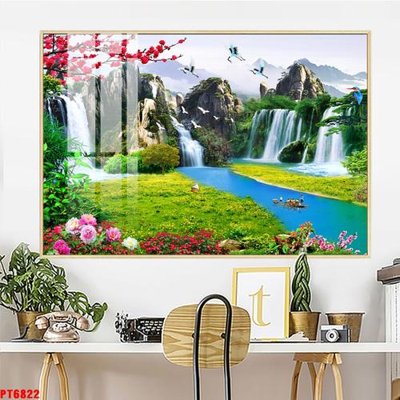 Tải file gốc in lụa Tranh sơn thủy thác nước PT6822 siêu nét
