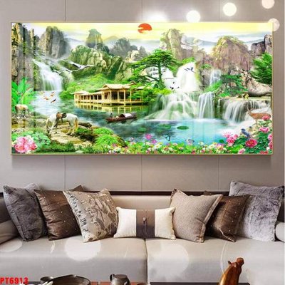 File tranh gốc in trần nhà Tranh sơn thủy thác nước PT6913 3D