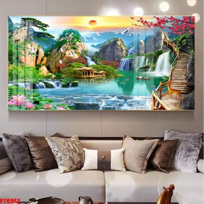 File gốc in tráng gương Tranh sơn thủy thác nước PT6963 chi tiết