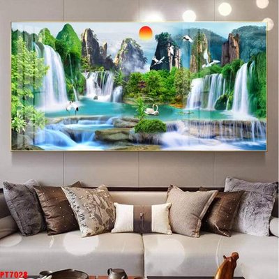 Download file gốc Tranh sơn thủy thác nước PT7028 (in lụa) hoa lá
