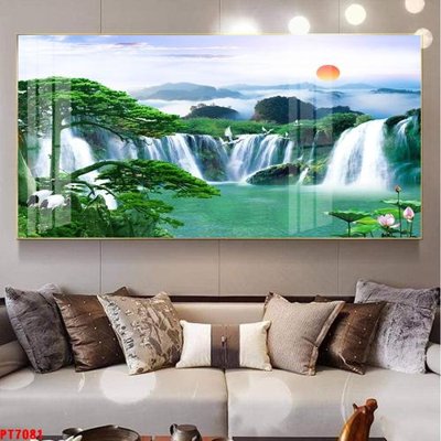 File tranh Tranh sơn thủy thác nước PT7081 (bản gốc) in lụa dán tường