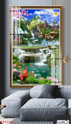 File gốc Tranh sơn thủy thác nước PT7156 (in lụa) tranh thuận buồm