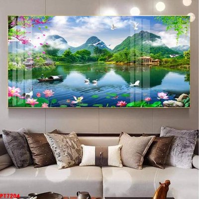 File gốc Tranh sơn thủy thác nước PT7204 (in lụa) tranh thuận buồm
