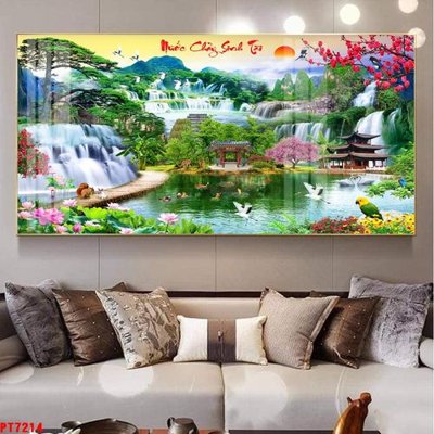 Download file Tranh sơn thủy thác nước PT7214 (gốc) in mica ốp bếp