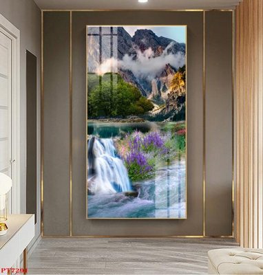 Tải file gốc in lụa Tranh sơn thủy thác nước PT7291 siêu nét