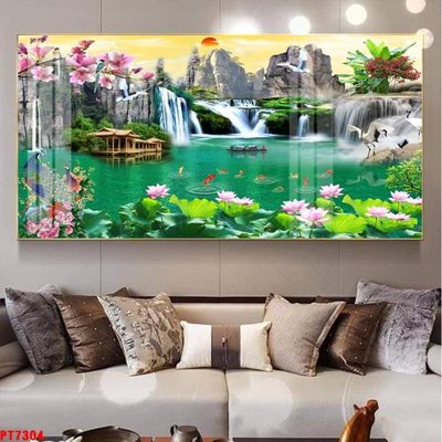 File gốc Tranh sơn thủy thác nước PT7304 (in lụa) cao cấp
