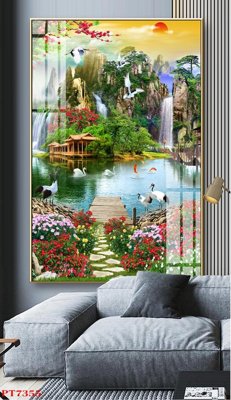 Ảnh gốc Tranh sơn thủy thác nước PT7355 (nét căng) in mica