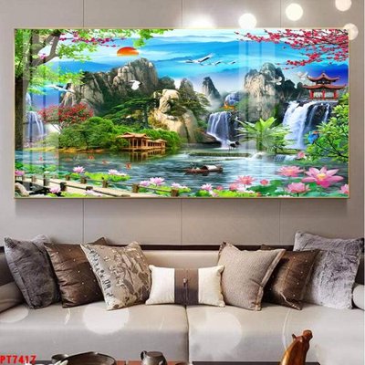 File in mica Tranh sơn thủy thác nước PT7417 (bản gốc) làm vách ngăn
