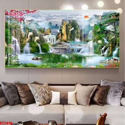 File gốc Tranh sơn thủy thác nước PT7435 (in lụa) hoa văn cổ điển