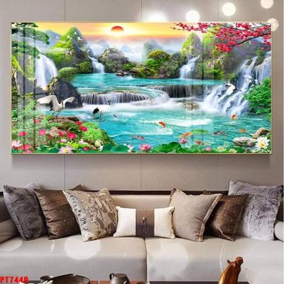 File in trần Tranh sơn thủy thác nước PT7449 (bản gốc 3D) sống động