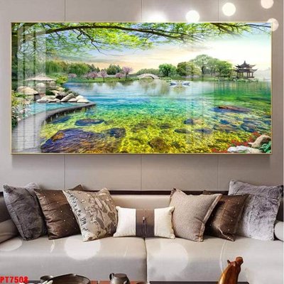 Download file gốc Tranh sơn thủy thác nước PT7508 (in lụa) hoa lá