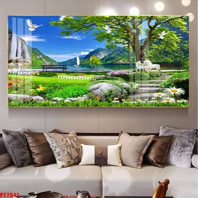 Download file gốc Tranh sơn thủy thác nước PT7541 (in lụa) hoa lá