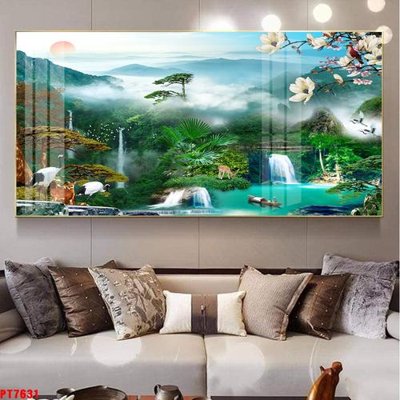 File gốc Tranh sơn thủy thác nước PT7631 (in lụa) tranh mã đáo