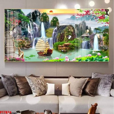 File in lụa Tranh sơn thủy thác nước PT7674 (phong cảnh) Tranh sơn thủy thác nước PT7674