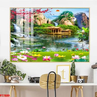 File tranh Tranh sơn thủy thác nước PT7689 (file gốc) chủ đề phong thủy