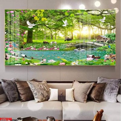 File gốc Tranh sơn thủy thác nước PT7896 (in lụa) hoa văn cổ điển