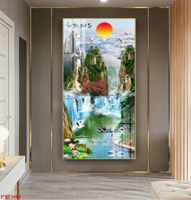 Tải file gốc in lụa Tranh sơn thủy thác nước PT7908 siêu nét