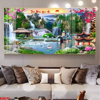 File gốc Tranh sơn thủy thác nước PT8197 (in lụa) chi tiết cao