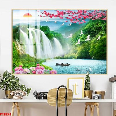 Tải file gốc in lụa Tranh sơn thủy thác nước PT8241 siêu nét