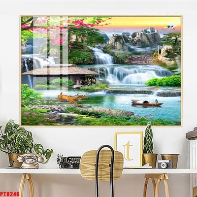File tranh Tranh sơn thủy thác nước PT8246 (bản gốc) in lụa 3D