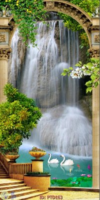 File tranh File phong thủy đứng thác nước PTD163 (bản gốc) in lụa dán tường