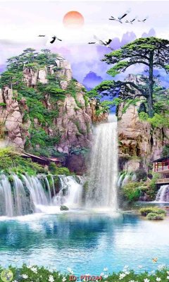 File tranh gốc File phong thủy đứng thác nước PTD244 (bản quyền) độc đáo