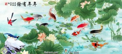 File tranh Tranh cửu ngư quần hội sen cá S101 (gốc) chủ đề trừu tượng
