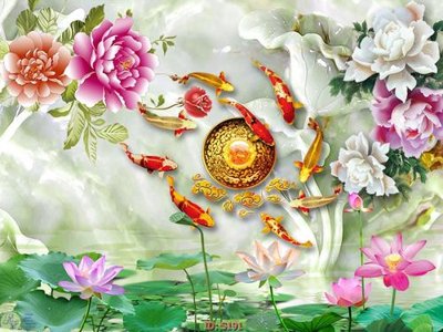 Download file gốc Tranh cửu ngư quần hội sen cá S191 (in lụa) cao cấp