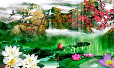 File PSD Tranh hoa sen cá cửu ngư quần hội S3147 (bản gốc) cho nhà in