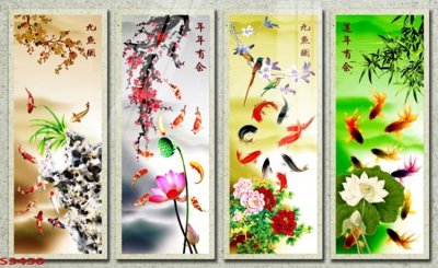 File tranh Tranh hoa sen cá cửu ngư quần hội S3450 (bản gốc) treo phòng ăn