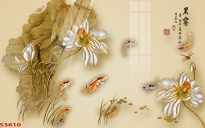 File in mica Tranh hoa sen cá cửu ngư quần hội S3610 (bản gốc) sắc sảo