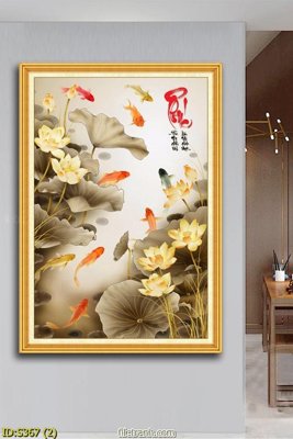 File in trần Tranh cửu ngư quần hội sen cá S367 (file gốc) hoa văn 3D