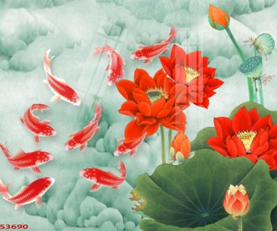 File gốc Tranh hoa sen cá cửu ngư quần hội S3690 (in mica) trang trí