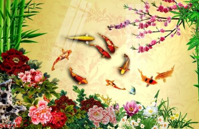 File tranh gốc Tranh hoa sen cá cửu ngư quần hội S3715 chủ đề hiện đại