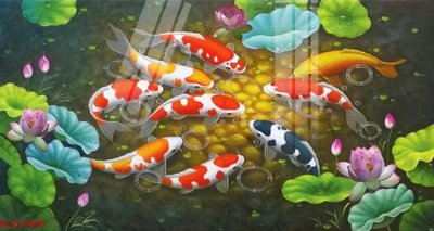 File PSD Tranh hoa sen cá cửu ngư quần hội S3799 (gốc) cho designer