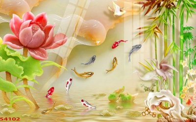 File tranh trang trí Tranh hoa sen cá cửu ngư quần hội S4102 (file gốc)