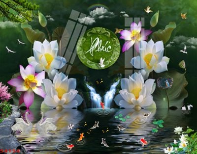 File PSD Tranh hoa sen cá cửu ngư quần hội S4154 (gốc) cho designer