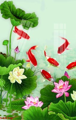 File in trần Tranh hoa sen cá cửu ngư quần hội S4239 (bản gốc) hoa văn
