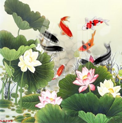 File in ấn Tranh hoa sen cá cửu ngư quần hội S4293 (bản gốc) cao cấp