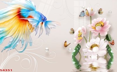 Ảnh gốc Tranh hoa sen cá cửu ngư quần hội S4351 (nét căng) in mica