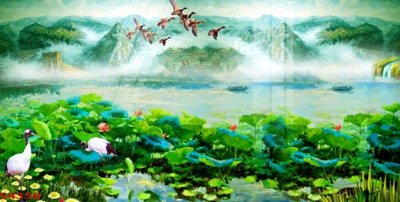 File gốc Tranh hoa sen cá cửu ngư quần hội S4358 (in lụa) trang trí tường